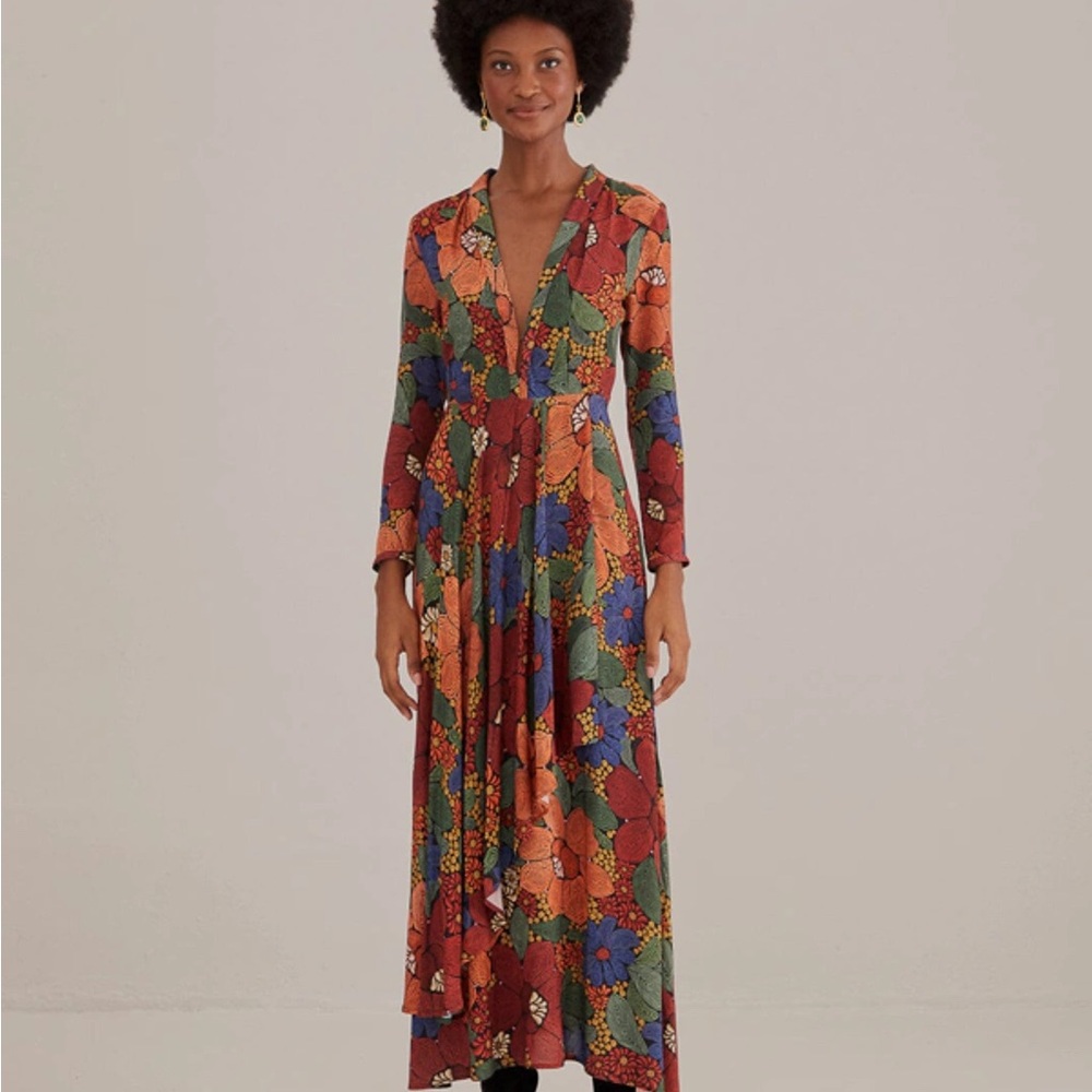 Farm Rio Black Stitch Flowers V Neck Maxi Dress